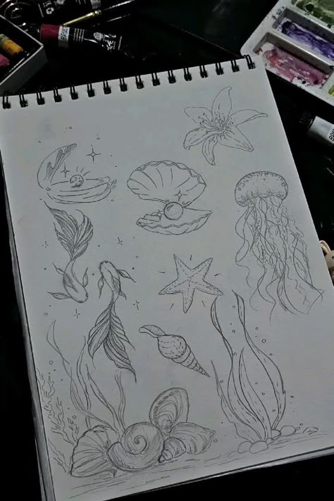 Bottom Of The Ocean Drawing, Drawing Ideas Sea, Pretty Sketches, Summer Sketches, Ocean Drawing, Piskel Art, Drawing Book, Easy Doodle Art, Sketchbook Art Journal