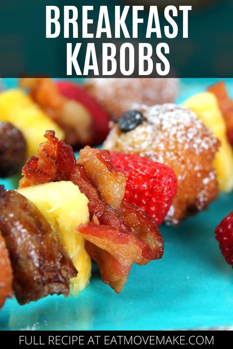 Breakfast Party Appetizers, Fun Bacon Ideas, Breakfast Themed Dessert, Breakfast Skewer Ideas, Brunch On A Stick, Breakfast Kebab, Fun Weekend Breakfast Ideas, Brunch Food Truck Ideas, Fun Summer Breakfast Ideas