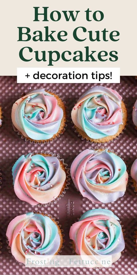 In this post you'll learn how to bake cupcakes, plus tips for how to decorate cupcakes! There are so many ways to decorate and frost cupcakes, from flowers to sprinkles to colorful frosting - the options are endless! Birthday Cupcakes Design Ideas, Best Frosting For Decorating Cupcakes, Decorate Cupcakes Easy, How To Decorate Cupcakes With Frosting, Best Frosting For Cupcakes, How To Frost Cupcakes, Easy Fondant Cupcakes, Frosting Cupcakes Techniques, How To Bake Cupcakes