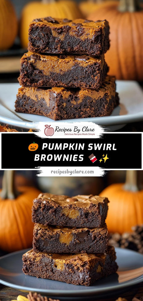 Indulge in chewy, chocolatey brownies swirled with a creamy pumpkin layer, the perfect autumn dessert.

Ingredients:

½ cup unsalted butter
1 cup granulated sugar
⅓ cup cocoa powder
½ cup all-purpose flour
½ cup pumpkin puree
1 tsp vanilla extract

Rich chocolate brownies meet a spiced pumpkin swirl for the ultimate fall treat, with every bite bursting with seasonal flavors! Homemade Pumpkin Brownies, Pumpkin Bites 3 Ingredients, Dessert Recipes No Milk, Pumpkin Spice Food Recipes, Chocolate Pumpkin Bars, Things To Bake With Pumpkin Puree, Pumpkin Brownies Recipe, Easy Pumpkin Brownies, Pumpkin Chocolate Brownies