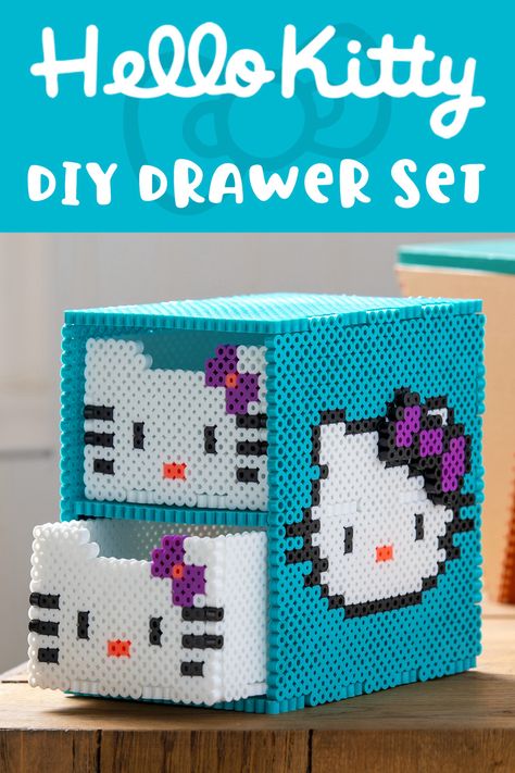 Learn how to make a Hello Kitty organizer using simple supplies! Kids will love this easy perler bead project they can use in their room. Perler Bead Desk Decor, How To Make A Box Out Of Perler Beads, Perler Bead Drawers Pattern, Perler Bead Organizer, Peeler Bead Storage, Perler Box Pattern, Perler Beads Ideas Hello Kitty, Simple 3d Perler Bead Patterns, Perler Bead Drawers