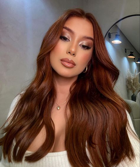 Dark Brown Auburn Hair With Highlights, Auburn Hair Color Brown Eyes, Ginger Chocolate Hair, Chestnut Red Brown Hair, California Copper Hair, Cooper Hair Color On Hispanic, Warm Olive Skin Tone Hair Color, Ginger Hair On Olive Skin, Auburn Hair Color Short