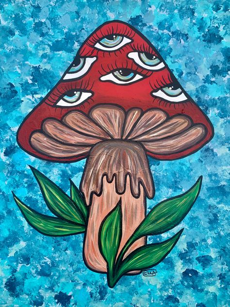 Original painting by Ella Johnson mushroom eye acrylic painting ideas 11”x14” canvas painting wall decor hippie art Big Mushroom Painting, Mushroom With Eyes Painting, Shroom Painting Trippy, Mushroom Art Colorful, Cool Paint Marker Drawings, Chill Paintings Ideas, Mushroom Eye Painting, Shroom Painting Ideas Creative, Easy Earthy Paintings