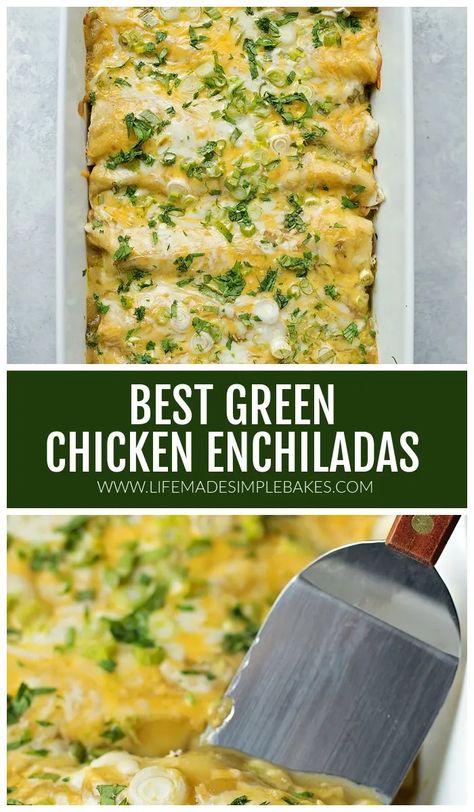 Mom's green enchiladas are always a big hit! They're loaded with seasoned shredded chicken, sour cream, LOTS of cheese, and topped with a green chile sauce. #mom'sgreenenchilada #greenenchiladas #enchiladas #homemadeenchiladas Enchilada Cream Cheese, Hatch Green Chile Chicken Enchiladas, Shredded Chicken Enchiladas Green, Turkey Enchiladas Green Sauce, Green Salsa Chicken Enchiladas, Enchiladas Chicken Verde, Authentic Enchiladas Verdes, Green Chilies Chicken Enchiladas, Green Verde Chicken Enchiladas