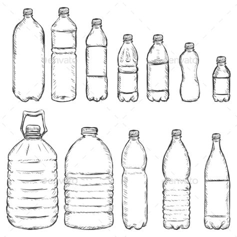 Vector Set of Sketch Plastic Bottles Water Bottle Drawing, Water Sketch, Bottle Drawing, Drawing Water, Water Drawing, Object Drawing, Industrial Design Sketch, Basic Drawing, Pencil Art Drawings