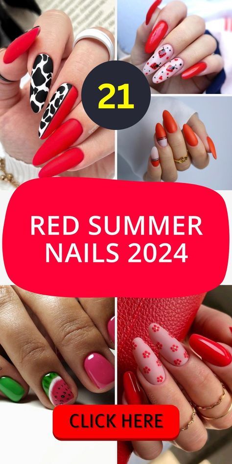 Embrace the fruity side of summer with Red Summer Nails 2024 featuring strawberry and cherry designs. These nails bring a fresh and vibrant feel, perfect for beach days and summer picnics. The combination of bright red with fruity art makes for a delightful visual treat. Whether you're going for a cute or sophisticated look, these nails are versatile and suit all preferences. Make your summer more colorful and fun with these unique nail designs. Red Summer Nails 2024, Red Summer Nails Designs, Red Nail Designs Summer, Red Nails Summer, Summer Nails Red, Summer Red Nails, Opi Red Nail Polish, Viral Nails, Ruby Nails