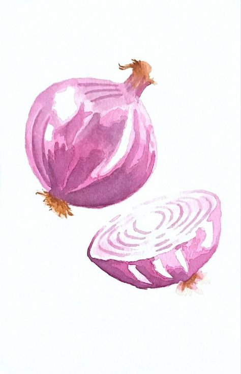 Red Onion Watercolor, Red Onion Painting, Water Colour Vegetables Painting, Red Onion Drawing, Watercolor Food Easy, Cute Onion Drawing, Watercolor Art Fruits And Vegetables, Watercolor Vegetables Tutorial, Vegetable Watercolor Paintings