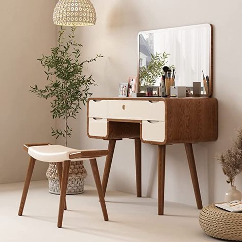 Lartis Fashion Makeup Vanity Table with Stool,Very Easy to Assemble，Dressing Table,Vanity Desk,Dresser Desk with Mirror, White Wax Wood Legs Mirror Hidden Storage, Boho Desk, Desk With Mirror, Makeup Vanity Table, Makeup Vanity Set, Jewellery Stand, Table Vanity, Stylish Makeup, Dresser Desk