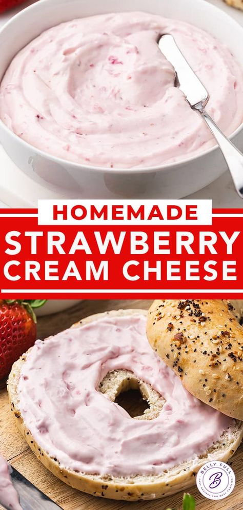 Strawberry Cream Cheese l Belly Full Diy Strawberry Cream Cheese, What To Use Cream Cheese For, Strawberry And Cream Cheese Recipes, Strawberry Cream Cheese Recipes, Bagel Party, Homemade Strawberry Cream Cheese, Cream Cheese Strawberries, Cream Cheese And Strawberries, Cream Cheese And Jam