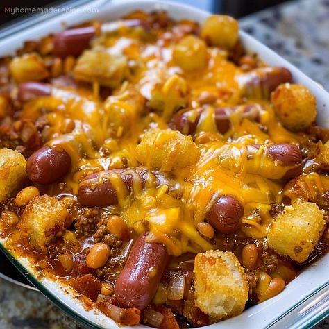 Chili Cheese Hot Dog Tater Tot Casserole, Tater Tot Casserole With Chili, Chili Cheese Dog Casserole Tater Tots, Tater Tot Casserole With Hot Dogs, Tator Tot Chili Cheese Dog Casserole, Chili Cheese Dog Tater Tot Casserole, Tater Tot Chili Dog Casserole, Chili Dog Tater Tot Casserole, Cheesy Hot Dog Tater Tot Casserole