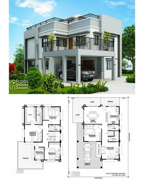 Home Design Plan 19x14m With 4 Bedrooms - #19x14m #architecture #bedrooms #design #home #plan Philippines House Design, Two Story House Design, Architecture Blueprints, Mediterranean House Plans, Two Story House, Building House Plans Designs, Building Plans House, Duplex House Plans, Simple House Design