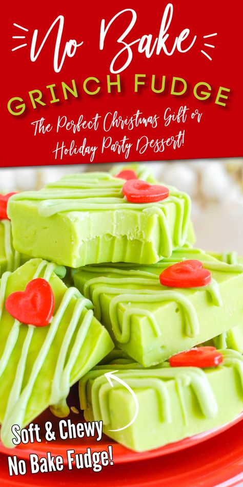 No Bake Grinch Fudge! Easy Soft and Chewy Grinch Christmas Fudge Recipe! One of my favorite Holiday Desserts for Christmas Parties or Grinch Parties! Make this for friends, co-workers, and neighbors for a cheap and easy gift idea! #lemonpeony #giftidea #grinchfudge #greenfudge #christmasfudge Easy Holiday Treats No Bake, Grinch Fudge Easy, Grinch Baked Goods, Christmas Fudge Recipes Holiday Gifts, Grinch Fudge Recipe, Grinch Deserts, Grinch Christmas Desserts, Christmas Treats No Bake, No Bake Fudge Recipes