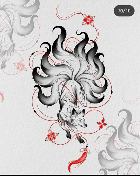 Kitsune Tattoo Ideas, Nine Tail Fox Tattoo, Kitsune Tattoo Design, Nine Tailed Fox Tattoo, Arm Tattoos Tiger, Teen Wolf Tattoo, Kitsune Tattoo, Blue Dragon Tattoo, Dragon Tattoo Ideas