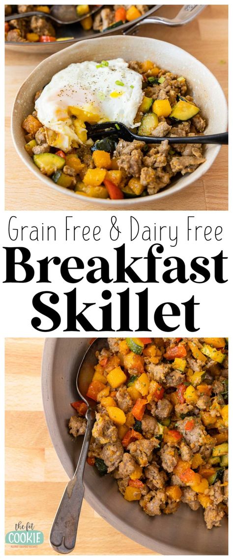 Get ready for your day with this delicious and easy to make paleo breakfast skillet! It's loaded with veggies, complex carbs, and protein. This is made completely egg free as well, but you can serve this with an egg on top for extra protein and healthy fats! | thefitcookie.com #paleo #glutenfree #dairyfree Grain Free Dairy Free Meal Prep, Gluten Dairy Free High Protein, No Dairy Or Egg Recipes, Carbs And Protein, Gluten Free Dairy Free Breakfast, Dairy Free Breakfast, Dairy Free Breakfast Recipes, Protein Options, Egg Free Breakfast