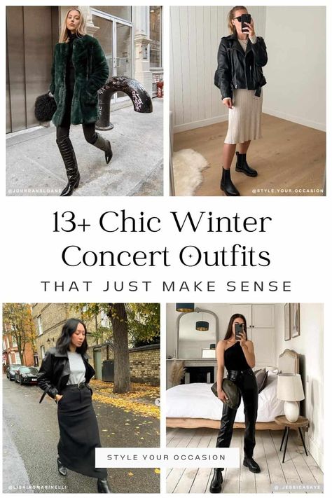 Looking for the perfect concert outfit for a cold winter day or night? This list has chic, modern, and stylish winter concert outfit ideas whether you are going to a rock concert, rap or hip hop concert, or need a cute winter country concert outfit to wear! There's casual ideas, dressier looks, petite, mid size, and plus size options for the perfect winter concert aesthetic! Concert In Winter Outfit, Concert Outfit For Cold Weather, Concert Outfit Ideas Winter Casual, Simple Concert Outfit Fall, Violin Concert Outfit, Concert Outfit Ideas Night Winter, Winter Casual Night Out Outfit, New York Concert Outfit, What To Wear To A Madonna Concert