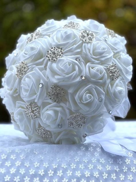 Bride's White Bling Brooch Bouquet, 11 In. Artificial Real Touch Roses, Crystals, Rhinestone Brooches, White Rose Bridal Bouquet, Crystals - Etsy Poland White Rose Bridal Bouquet, Bridal Brooch, Bridal Brooch Bouquet, Rose Bridal Bouquet, Brooch Bouquet, Rhinestone Brooches, White Rose, Quince, White Roses