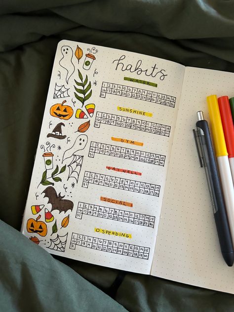 october bullet journal, habit tracker, fall, autumn, good habits, journaling, doodles, ghost, fall aesthetic, clean girl, bullet journal inspo, coloring, drawing Autumn Habit Tracker, Autumn Bujo Ideas, November Habit Tracker Bullet Journal, October Bullet Journal Habit Tracker, October Habit Tracker Bullet Journal, Cozy Bullet Journal Theme, Ghost Bullet Journal, Fall Habit Tracker, October Habit Tracker