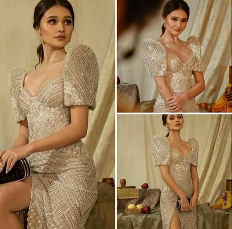 Filipiñana Inspired Wedding Gown, Cocktail Dress Pose Ideas, Beige Filipiniana Dress, Filipiniana Pose Ideas, Gold Filipiniana Gown, Hairstyle For Filipiniana Attire, Modern Filipino Outfit, Filipiniana Dress Modern For Graduation, Filipiniana Photoshoot