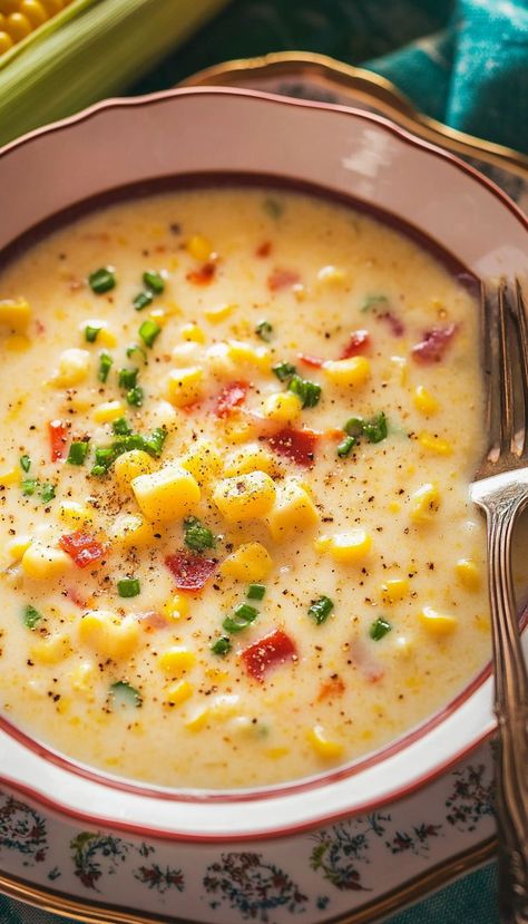 This Creamy Corn Chowder Recipe is the perfect comfort food for chilly days. Made with sweet corn, tender potatoes, and crispy bacon, this chowder is rich, creamy, and full of flavor. The creamy base, seasoned with garlic, thyme, and a touch of cream, makes this chowder a filling and satisfying meal. It’s easy to make and can be served with a side of crusty bread for dipping. Creamy Corn Chowder Recipe, Creamy Corn Chowder, Bread For Dipping, Easy Corn Chowder, Potato Corn Chowder, Potato Chowder, Winter Meals, Corn Chowder Recipe, Chowder Recipe