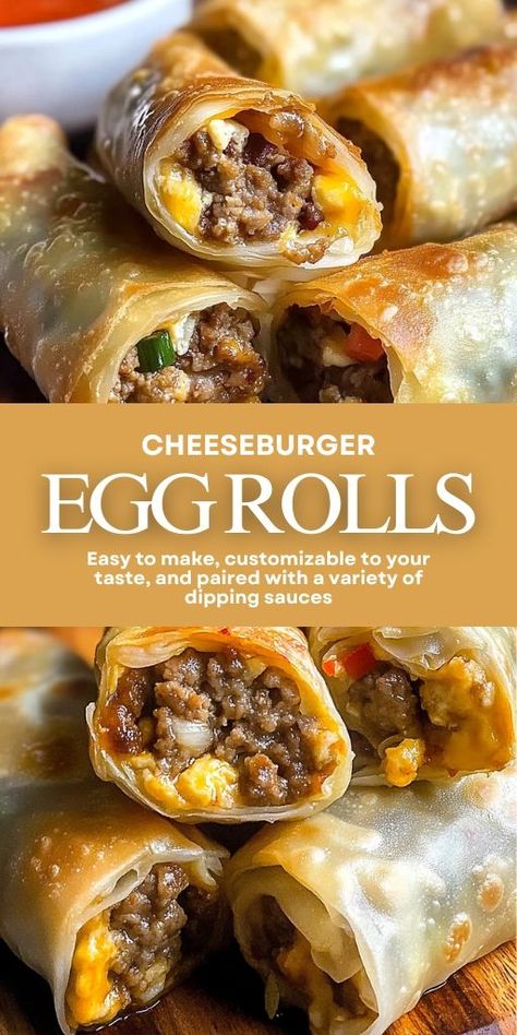 These Cheeseburger Egg Rolls are sure to become a crowd-pleaser! 🍔🥟 Filled with seasoned beef, melty cheese, and wrapped in a crispy shell, these egg rolls are perfect for parties, game days, or snacks. Serve with dipping sauce for an extra burst of flavor!  📌 Save this pin to make crispy and delicious cheeseburger egg rolls that everyone will love! #CheeseburgerEggRolls #PartySnacks #GameDayFood #AppetizerIdeas #CrowdPleasers #EasyRecipes Cheeseburger Eggrolls Recipe, Cheeseburger Egg Rolls Recipe, Eggrolls Recipe, Cheeseburger Egg Rolls, Recipe Ground Beef, Egg Roll Filling, Egg Rolls Recipe, Unique Dinner, Fun Dinner