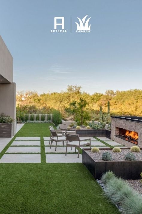 Artificial Turf Backyard, Arizona Backyard Landscaping, Turf Backyard, Backyard Patio Ideas, Desert Backyard, Low Maintenance Backyard, Arizona Backyard, Pavers Backyard, Modern Backyard Landscaping