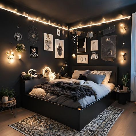 Dark Neon Bedroom Aesthetic, Bedroom Ideas Dark Aesthetic, Room Ideas With Black Bed Frame, Simple Goth Bedroom, Room Ideas Black Furniture Bedroom, Small Bedroom Black, Dark Teen Bedroom, Moody Teen Girl Bedroom, Acotar Bedroom