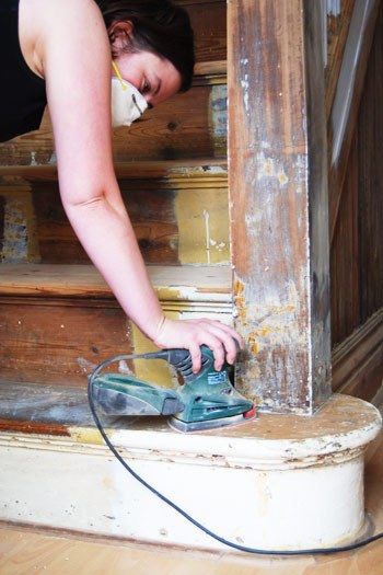 Staircase Restoration - sanding How To Sand Wood, Refinish Staircase, Painted Wood Stairs, Stairs Repair, Refinish Stairs, Victorian Stairs, Diy Stairs Makeover, Diy Staircase Makeover, Stairs Renovation