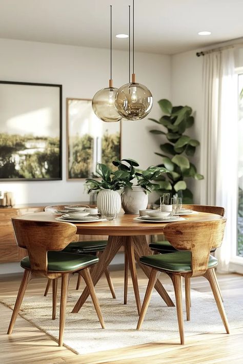 40 Stunning Mid Century Modern Dining Room Decor Ideas | VIVA Dining Room Lighting Over Table Ideas, Scandi Boho Dining Room, Light Fixture Dining Table, Eclectic Boho Dining Room, Mid Century Modern Boho Dining Room, Mid Century Table Setting, Modern Kitchen And Dining Room Ideas, Modern Cozy Dining Room, Dining Area Wall Design