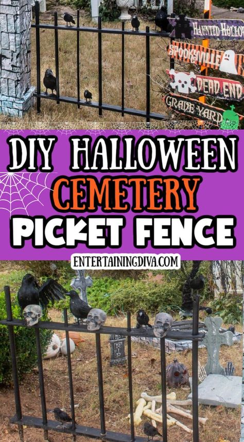 I love this DIY Halloween cemetery picket fence. It's cheap and easy to make, and it looks spooky around my Halloween graveyard. Great outdoor Halloween decor! Pet Cemetery Halloween Decorations, Pet Cemetery Ideas Halloween, Diy Halloween Cemetery, Diy Halloween Fence, Halloween Fence, Halloween Tattoo Ideas, Outside Halloween Decorations, Halloween Cemetery, Outdoor Halloween Decor