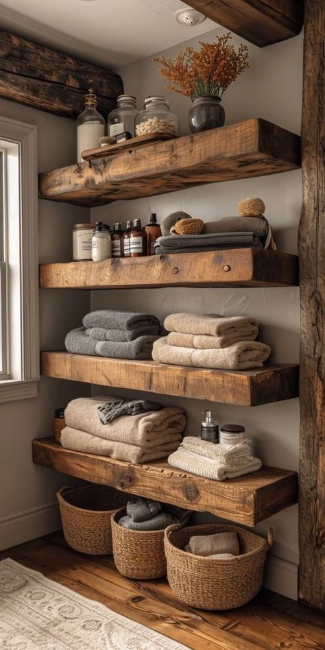 Natural Wood Bathroom Shelves, Southwestern Bathroom, Boho Bathrooms, Moody Farmhouse, Rustic Style Decor, Gum Trees, Ranch House Decor, Rustic Wooden Shelves, Diy Rustic Home