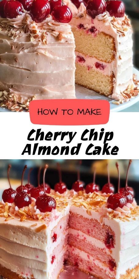 Cherry Chip Layer Cake with Almond Buttercream - A Vintage Delight Indulge in nostalgia with this Cherry Chip Layer Cake featuring an almond buttercream. Perfect for any celebration, this stunning cake combines sweet cherry chips with a subtle almond flavor, making it a treat for both eyes and taste buds. Cherry Chip Almond Cake, Cherry Almond Sheet Cake, Chocolate And Cherry Cake, Magnolia Bakery Cake, Fancy Dessert Recipes, Savory Hand Pies Recipes, Cherry Almond Cake, Almond Coconut Cake, Cherry Chip Cake