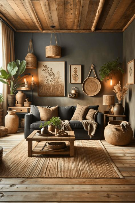 Moody Living Room With Plants, Slate Grey Living Room Ideas, Bohemian Family Room, Cozy Living Room Paint Color Ideas, Home Decor Ideas Dark Wood, Living Room Refresh Ideas, Earthy Home Design, Simple Earthy Living Room, Gray Sofas Living Room Decor