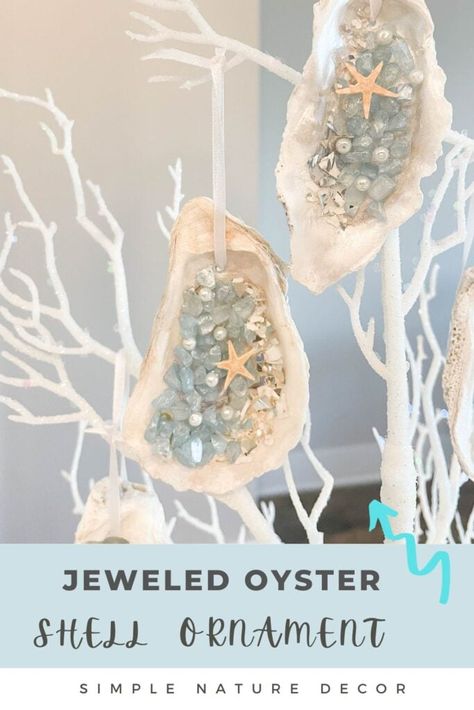 Ideas For Oyster Shells, Oyster Shell Xmas Decorations, Oyster Shell Ornaments Handmade, Seashell Angels Diy, How To Make Oyster Shell Christmas Tree, Oyster Christmas Tree Diy, Summer Ornaments Diy, Decorating Oyster Shells, Glass And Resin Art Projects