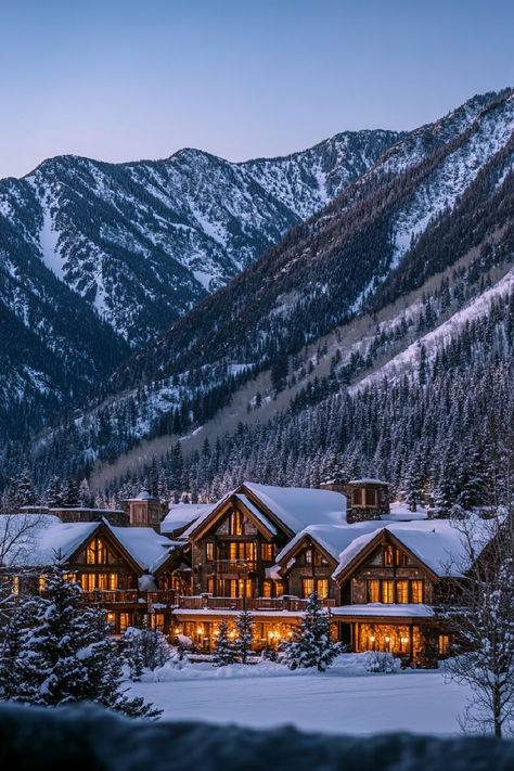 A luxurious mountain lodge nestled in a snowy landscape with the majestic Rocky Mountains in the background, one of the best places to stay in Colorado. Vail Village Colorado Winter, Colorado Christmas Vacation, Colorado Cabin Aesthetic, Vail Colorado Aesthetic, Aspen Colorado Aesthetic, Winter Vacation Aesthetic, Keystone Colorado Winter, Where To Stay In Colorado, Vale Colorado