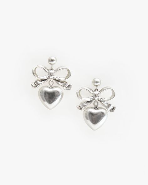 Heart Bow Earrings, Cute Jewelry Earrings Silver, Coquette Jewelry Silver, Coquette Silver Jewelry, Funky Silver Earrings, Clean Girl Silver Jewelry, Hoco Jewelry Silver, Large Silver Earrings, Cool Silver Earrings