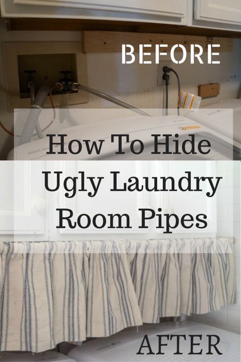 How to Hide Ugly Laundry Room Pipes Ideas To Hide Pipes On Wall, Unfinished Laundry Room, Unfinished Basement Laundry, Laundry Room Curtains, Hidden Laundry Rooms, Basement Laundry Room Makeover, Furnace Room, Hide Pipes, Washing Machine Hose