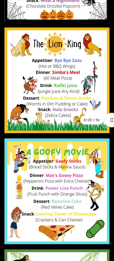 Movie Night Ideas Disney, Treasure Planet Movie Night, Lion King Movie Night Dinner, Disney Movie Night Menu Lion King, Goofy Movie Food, Disney Movie Night Theme Food, Dinner Based On Movies, Disney Themed Potluck, Dinner And Movie Theme Night Adults