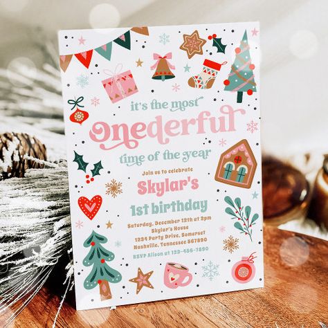 Winter Onederland Pink Christmas Birthday Party Invitation #zazzle #weddinginvitations #birthdayinvitations #babyshowerinvitations #zazzleinvitations #monogram #businesscards #graduation #homedecor Pink Christmas Birthday, First Birthday Winter, Winter Onederland Birthday Party, Winter Onederland Party, Onederland Birthday Party, Winter Onederland Birthday, 1st Birthday Party Invitations, Christmas Birthday Party, First Birthday Themes