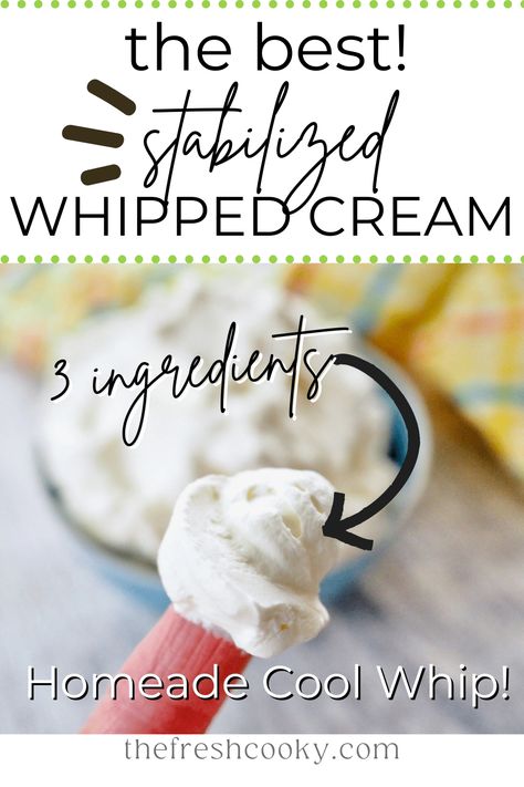 Make your own healthier, homemade Cool whip, when you make this simple 5 minute, 3 ingredient Stabilized Whipped Cream Recipe! Great for keto (use sugar free powdered sugar) , frosting cakes, as a Cool Whip substitute in recipes. Via @thefreschooky Healthy Cool Whip, Frosting For Cake Decorating, Healthy Whipped Cream, Whipped Cream Homemade, Whipped Topping Recipe, Frosting For Cake, Stable Whipped Cream, Diy Whipped Cream, Homemade Cool Whip