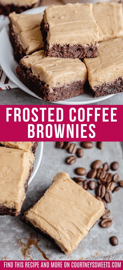 Frosted Coffee Brownies are delicious homemade brownies that are topped with a thick and creamy coffee frosting. Brownies with coffee are going to win over everyone with one single bite. Frosted Coffee Brownies, Coffee Bar Desserts, Brownies With Coffee Frosting, Brownies Recipe Homemade With Frosting, Coffee Bar Recipes Desserts, Brownies Different Flavors, Frosted No Bake Brownies, Best Homemade Dessert Recipes, Desserts That Go With Coffee