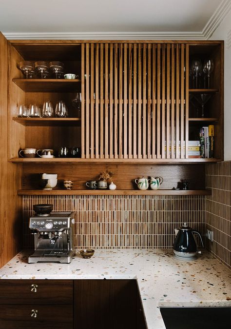 Small Mid Century Modern Kitchen, Midmod Kitchen, Curated Loft, Retro Modern Kitchen, Mid Century Renovation, Japanese Style Kitchen, Japanese Tile, Mcm Kitchen, Mid Century Modern Kitchen