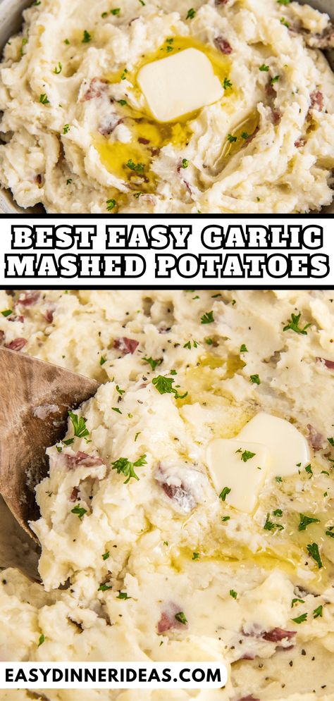 These decadent Garlic Mashed Potatoes are the ultimate creamy and garlicky side dish. Loaded with sour cream and heavy cream for richness, and finished with just the right amount of garlic, you will definitely want seconds! Creamy Mashed Potatoes Recipe, Make Ahead Mashed Potatoes, Garlic Mashed Potatoes Recipe, Best Mashed Potatoes, Mashed Potatoes Recipe, Creamy Mash, Easy Potato Recipes, Making Mashed Potatoes, Garlic Mashed Potatoes