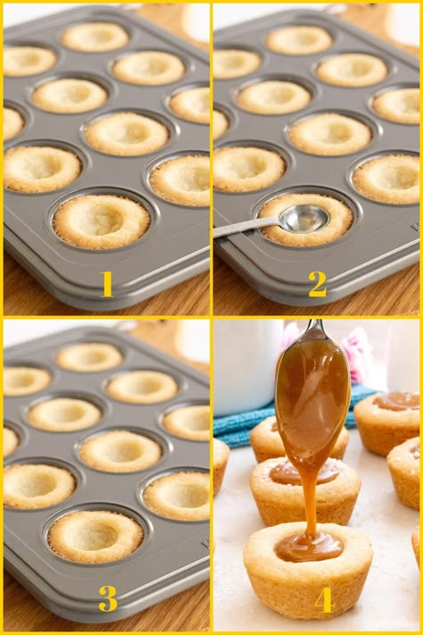 These fabulous Salted Caramel Shortbread Bites look fancy but are super easy with a one-bowl shortbread dough and the easiest caramel ever! #saltedcaramelshortbread, #carameltarts, #caramelshortbreadtarts Mini Caramel Tarts, Carmel Cups Recipe, Salted Caramel Baking, Toffee Tarts Mini, Desserts In Mini Muffin Tins, Christmas Mini Tart Recipes, Recipes Using Caramel Bits, Shortbread Cups, Recipes With Caramel