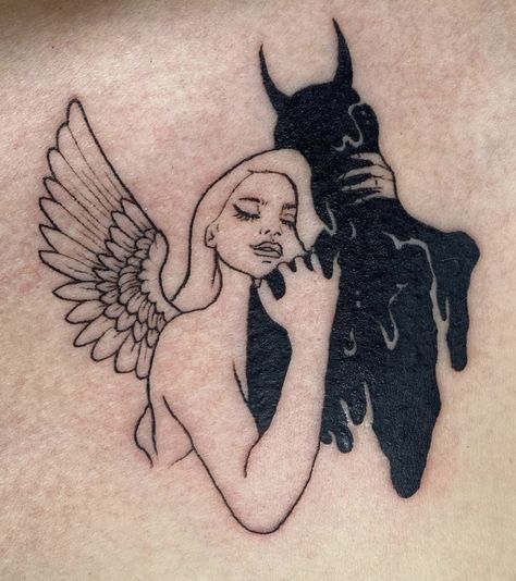 This is a picture of a tattoo in which, an angel is hugging a devil. In each others warm embrace both understand that they both are one. And neither their past demons or future angels can save them. Together they are one, they can mend and heal themselves. Find themselves after having fallen down. Tattoos For Lost Souls, Nude Womens Tattoo, Dark Tattoo Simple, One Deep Tattoo, Helpless Romantic Tattoo, Traumatized Tattoo, Suffocating Tattoo Ideas, Lost Mother Tattoo, Tattoos For Passing Loved Ones