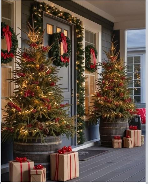 New Years Front Porch Decor, Christmas Lights On Farmhouse Exterior, Craftsman Christmas Decorations Outdoor, Small Outdoor Christmas Decor, Small Outdoor Christmas Trees, Modern Outdoor Holiday Decor, Christmas Entryway Decor Outdoor, Traditional Christmas Front Porch, Portico Christmas Decorations