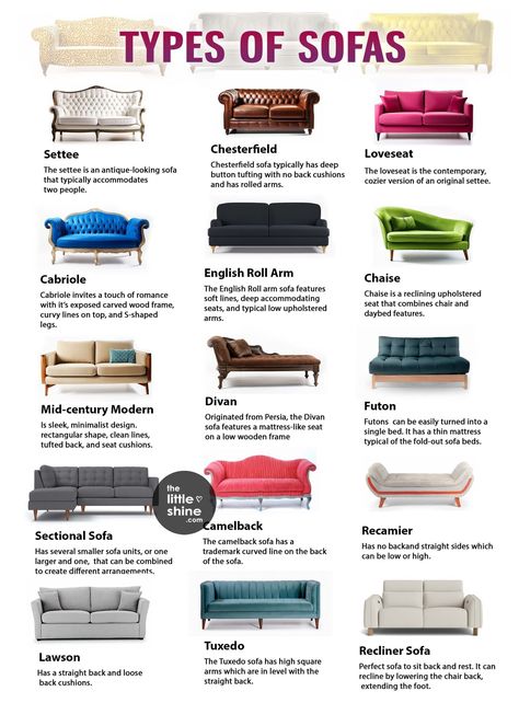 20 Different Types of Sofas Explained - The Little Shine Different Types Of Furniture, Different Couch Styles, Types Of Sofas Furniture, Sofa Types Style, Sofa Styles Guide, Mismatched Sofas, Old House Decorating, Sofa Types, English Roll Arm Sofa