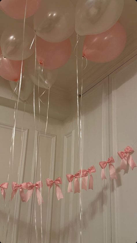 Cute Simple Bday Decor, Girly Birthday Balloons, 18th Birthday Party Pink And White, Pink Coquette Birthday Decorations, Pink Aesthetic Birthday Decor, Pink Aesthetic Birthday Theme, Simple Cute Birthday Decor, Pink And White 18th Birthday Party, Simple 15 Birthday Party Ideas