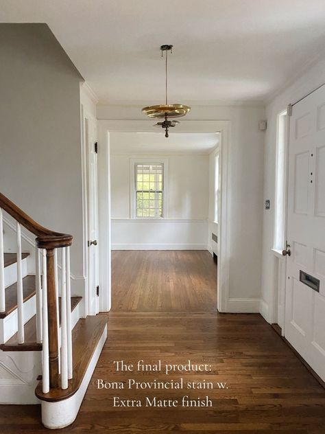 We recently refinished the red oak floors in our colonial New England ... | TikTok Red Oak Hardwood Floors Stains, Perfect Stain Color, Dark Wood Floors Living Room, Hardwood Floor Stain Colors, Colonial New England, Classic Wood Floors, Oak Floor Stains, Floor Stain Colors, Wood Floor Stain Colors