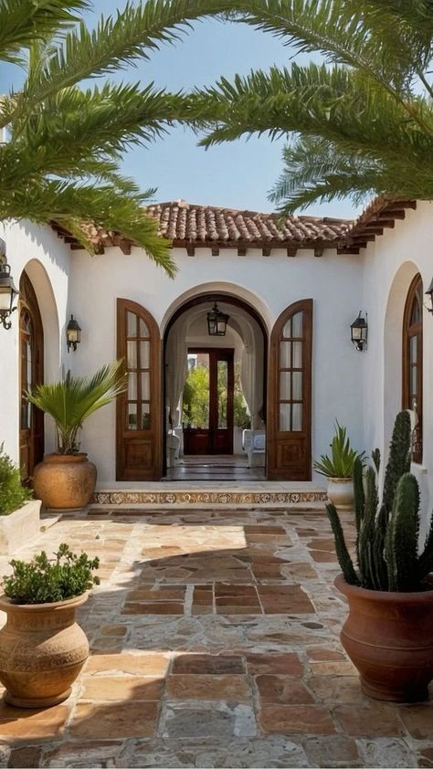 Mediterranean House Courtyard, Homes With A Courtyard, Tuscan Home Design, Home Italian Style, Small Mediterranean Homes Exterior, Italian Inspired Home Decor, One Story Mediterranean Homes, Italian Inspired Interior Design, Spanish Home Interior Design