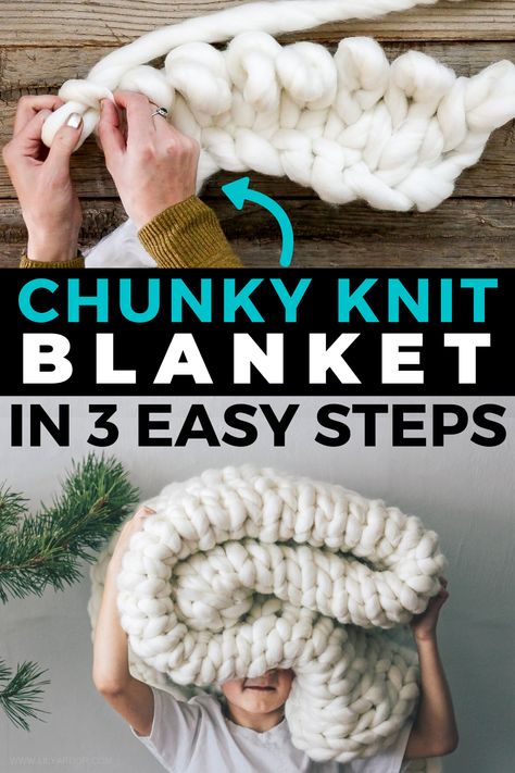 Arm Knitting Blanket Diy, Diy Chunky Knit Blanket, Chunky Blanket Diy, Chunky Knit Yarn, Chunky Yarn Blanket, Finger Knitting Projects, Diy Knit Blanket, Diy Blanket, Hand Crocheted Blanket